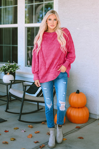 Rose Acid Wash Relaxed Fit Seamed Pullover Sweatshirt with Slits