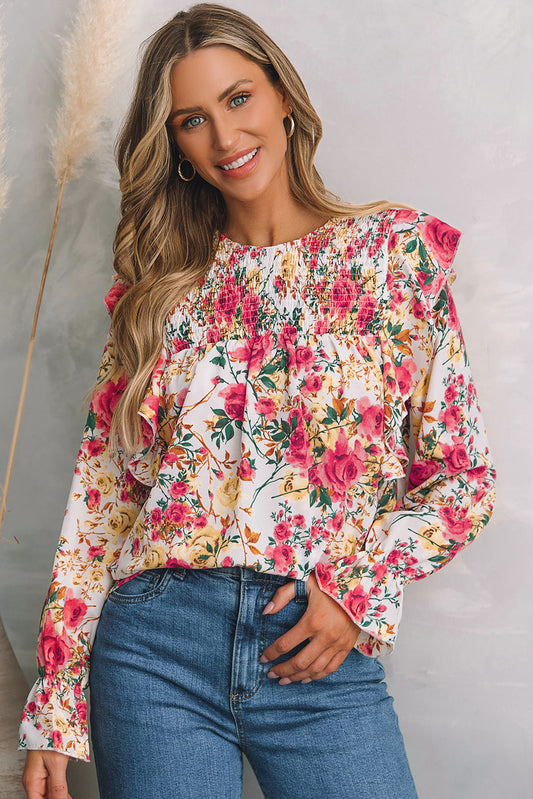 White Floral Printed Ruffle Trim Long Sleeve Blouse