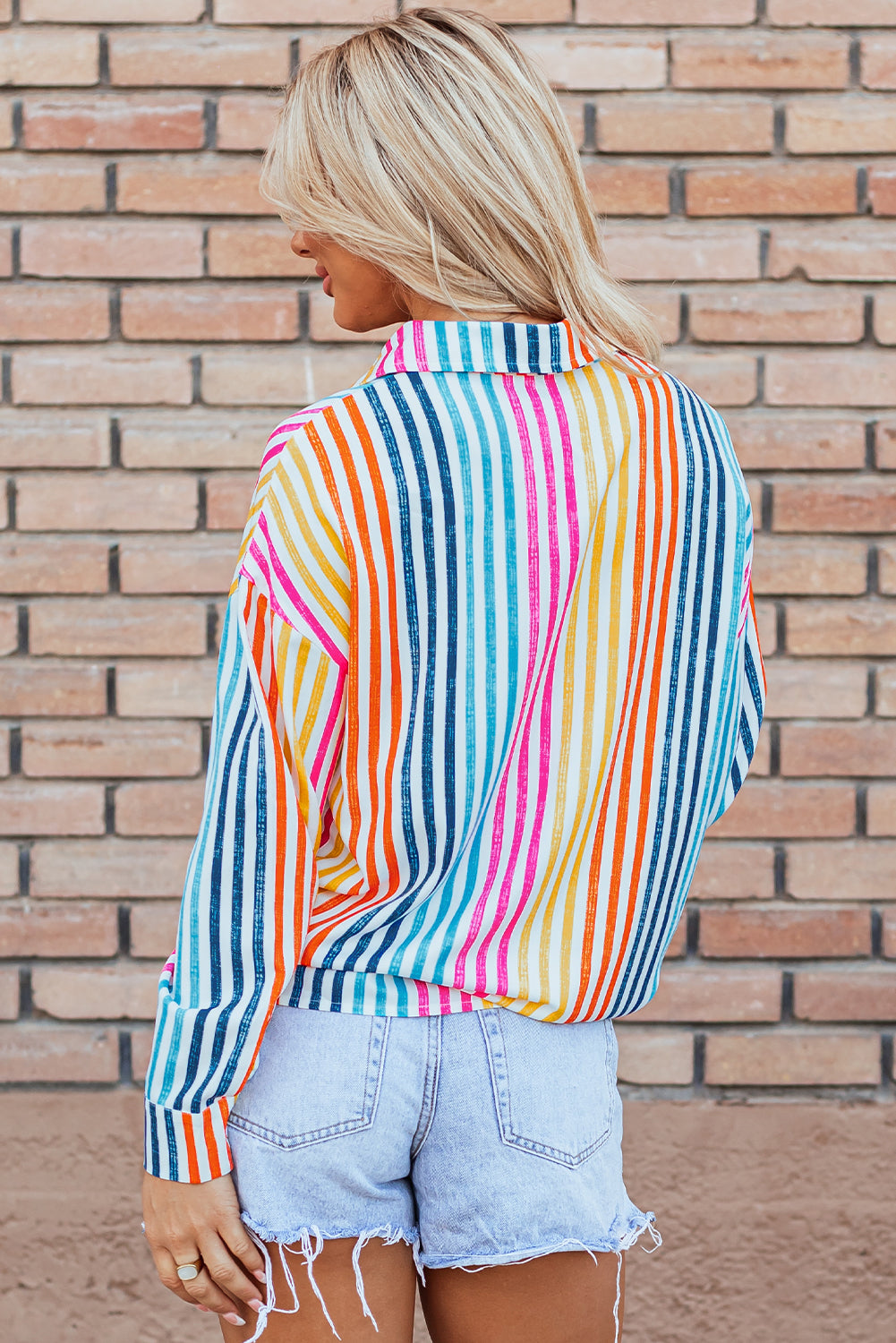 Orange Stripe Multicolor Drop Shoulder Loose Shirt