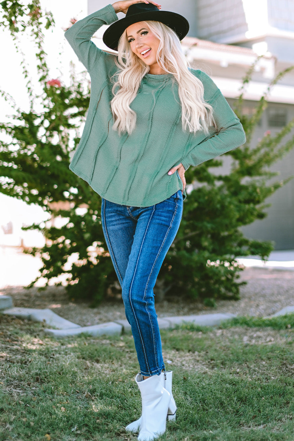 Green Exposed Seam Waffle Knit Loose Top