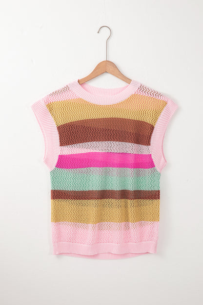 Pink Stripe Crochet Cap Sleeve Loose Fit Sweater T Shirt