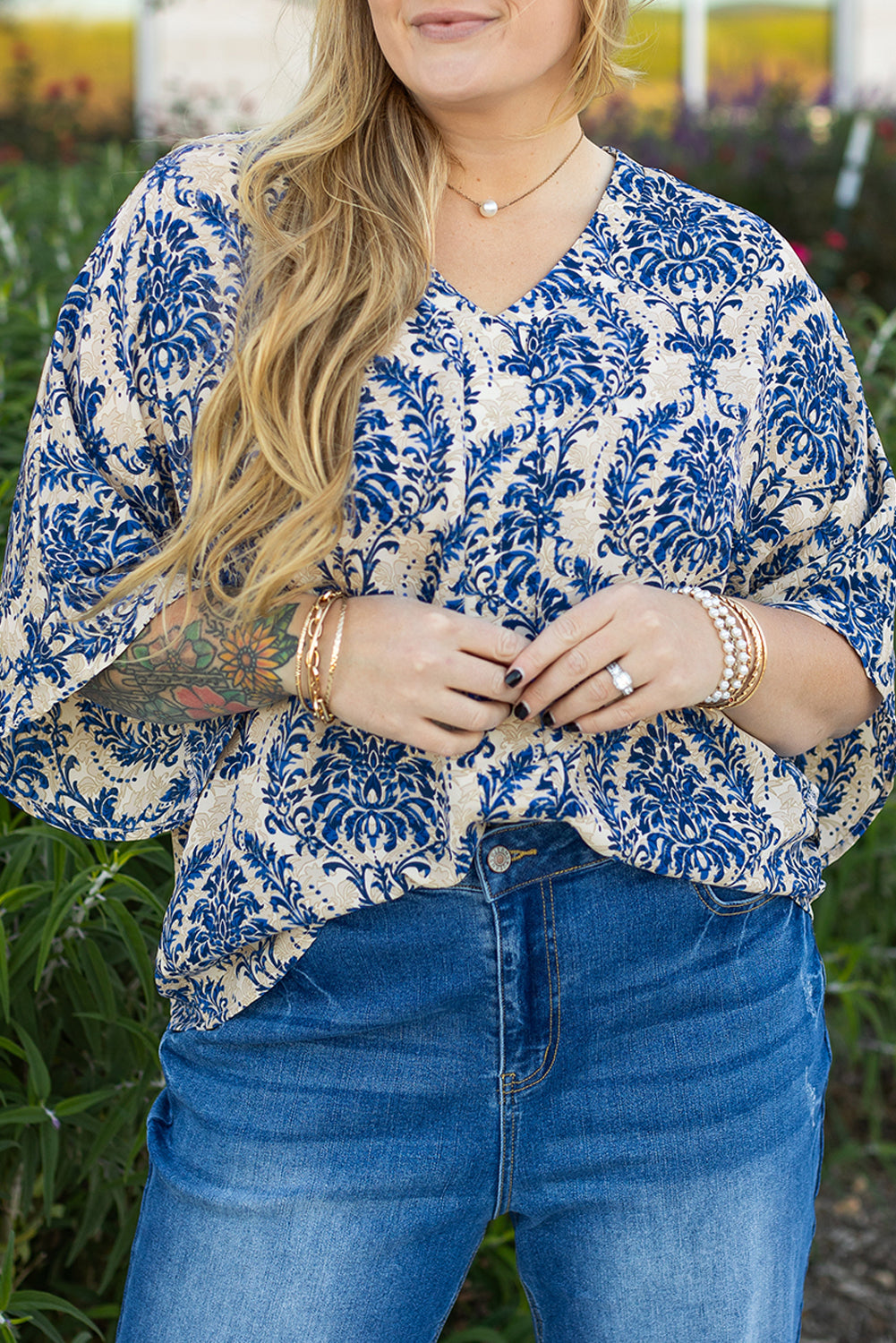 Blue Plus Size Ethnic Printed 3/4 Sleeve V Neck Loose Blouse