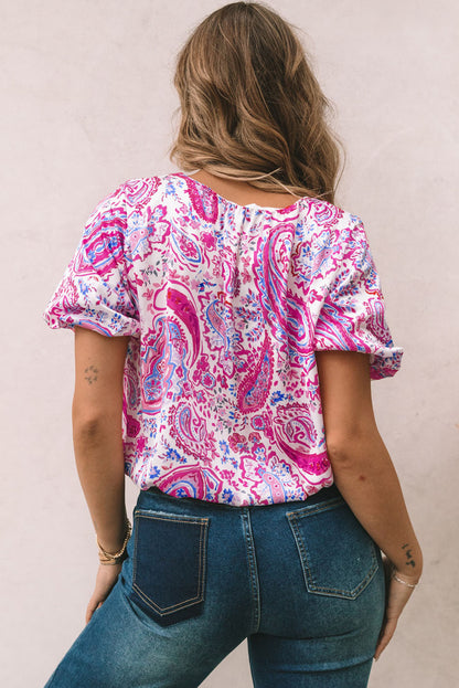 Paisley Pattern Print Puff Sleeve V Neck Blouse