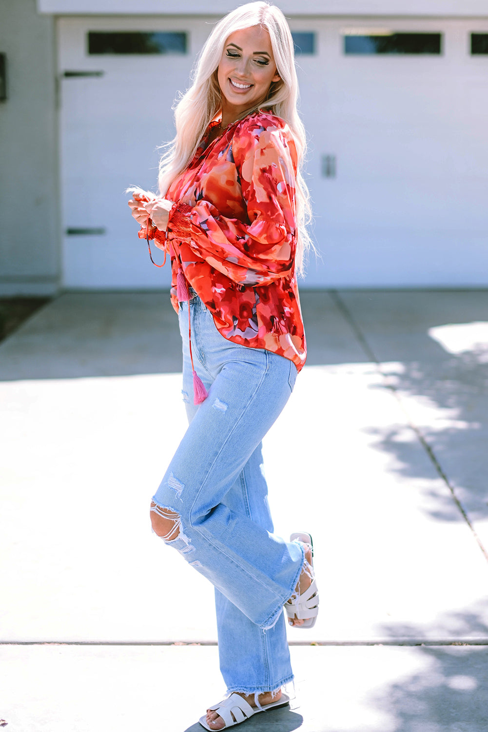 Fiery Red Floral Print Split Neck Tassel Tie Blouse