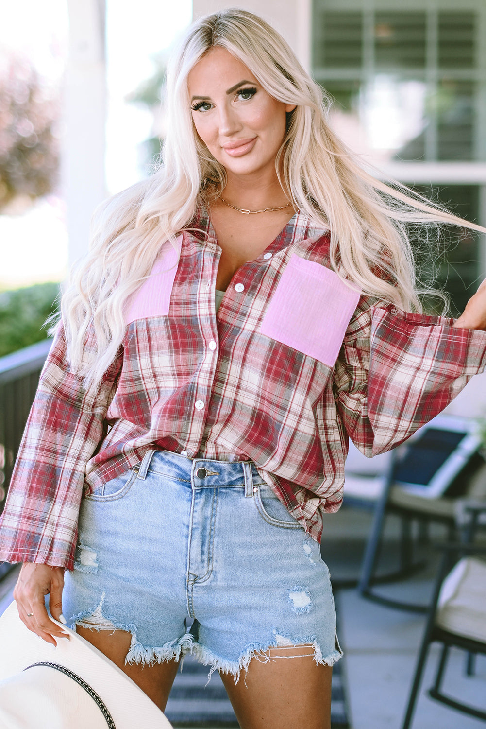 Fiery Red Contrast Patchwork Raw Edge Distressed Plaid Shirt