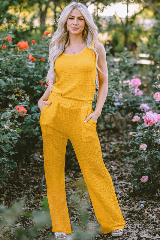 Yellow Crinkled U Neck Tank Top and Wide Leg Pants Set