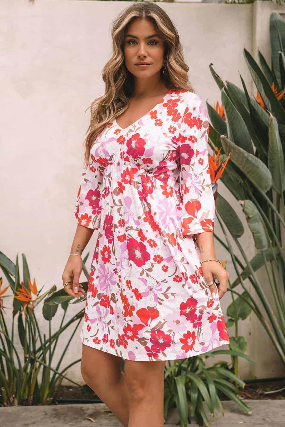 V Neck 3/4 Sleeve Floral Dress