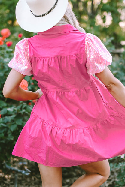 Bonbon Sequined Bubble Sleeve Tiered Ruffled Shirt Dress