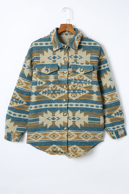 Multicolor Western Aztec Print Button Flap Pocket Shacket