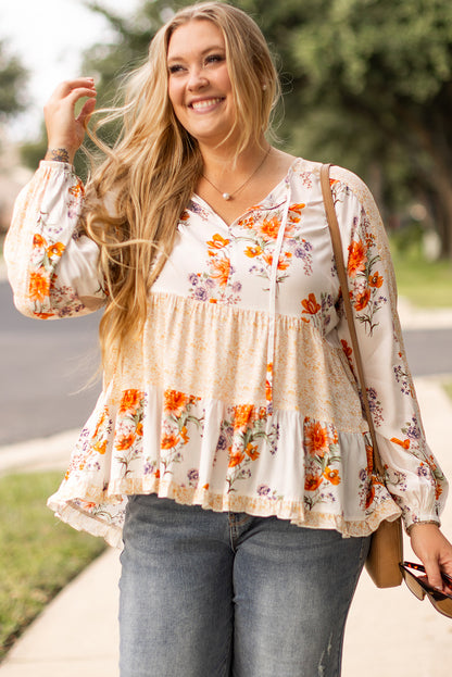 White Plus Size Floral Print V Neck Puff Sleeve Blouse