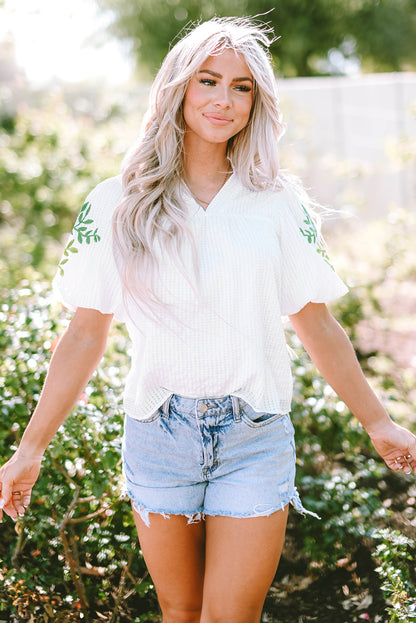 White Floral Embroidered Puff Sleeve Notched Neck Blouse