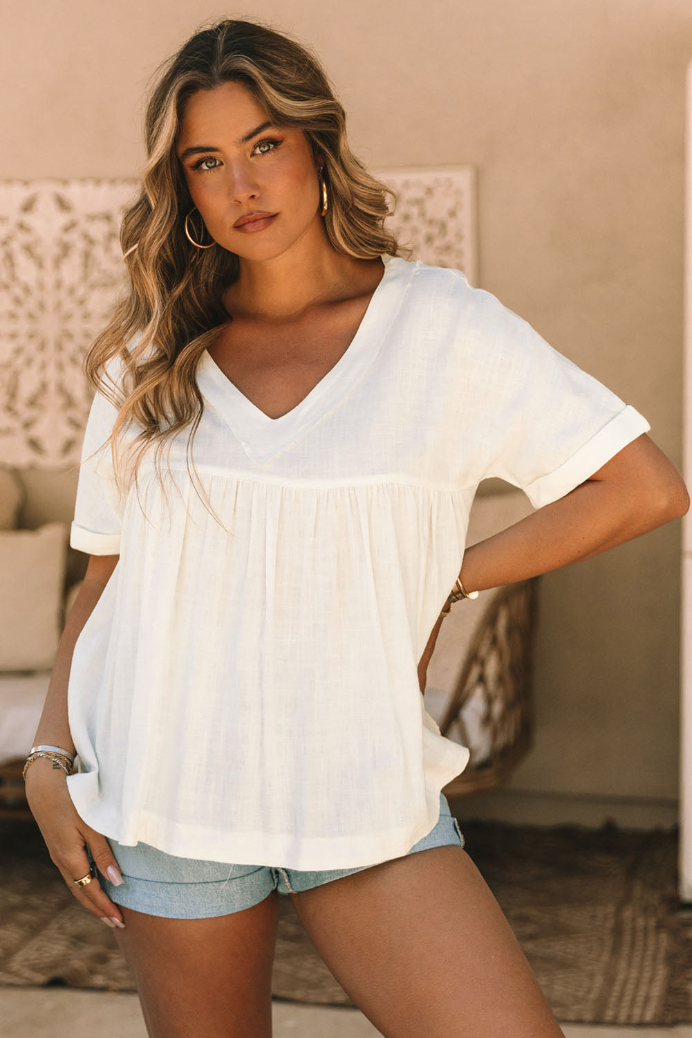 Frayed V Neck Ruffled Babydoll Blouse