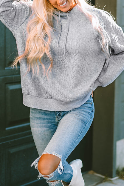 Gray Cable Textured Casual Drawstring Hoodie