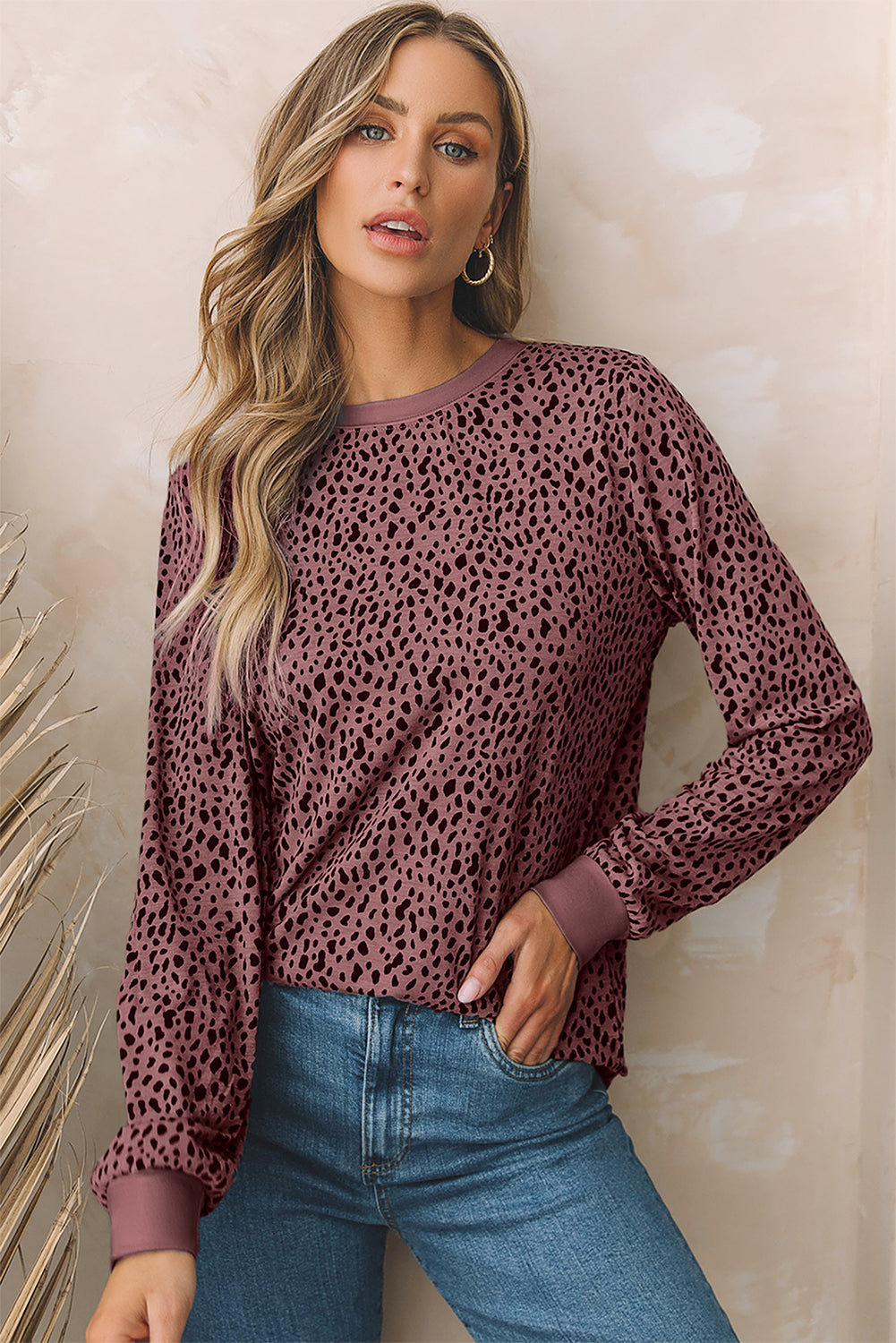 Gray Animal Spotted Print Round Neck Long Sleeve Top