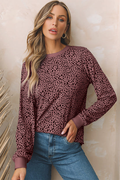 Gray Animal Spotted Print Round Neck Long Sleeve Top