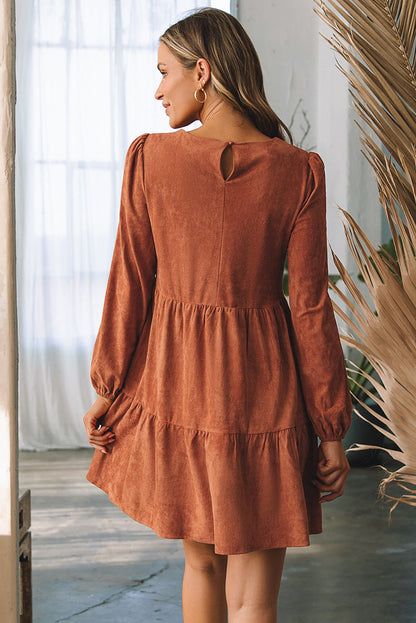 Chestnut Faux Suede Tiered Babydoll Dress