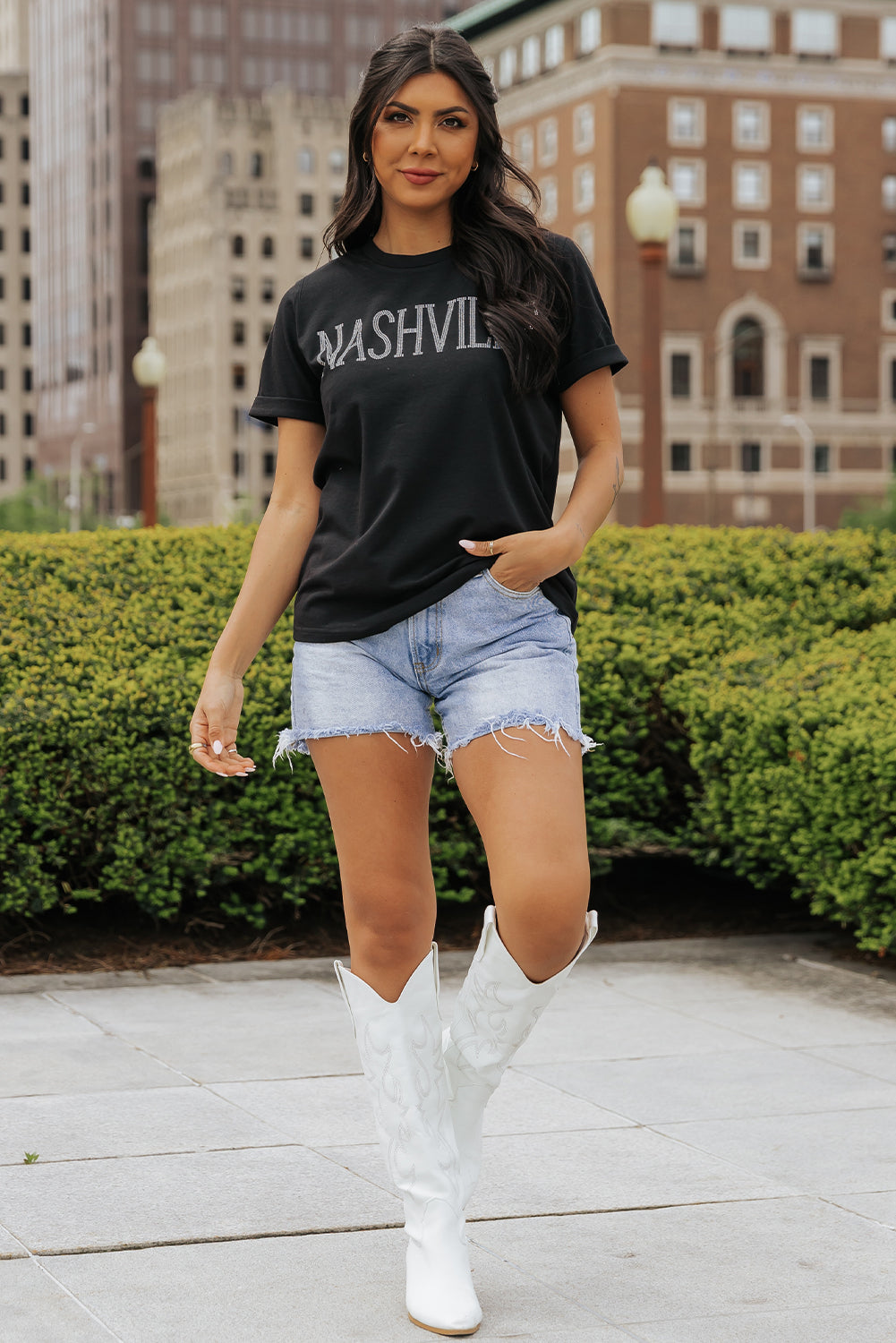 Black Rhinestone NASHVILLE Graphic Crewneck T Shirt