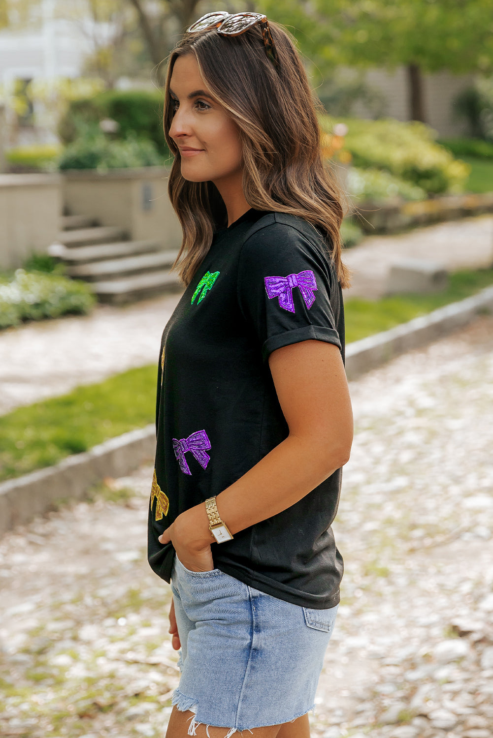 Black Mardi Gras Sequin Bow Knot Crew Neck T Shirt