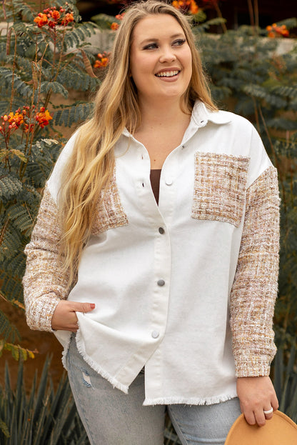 White Plus Size Tweed Patchwork Raw Hem Jacket