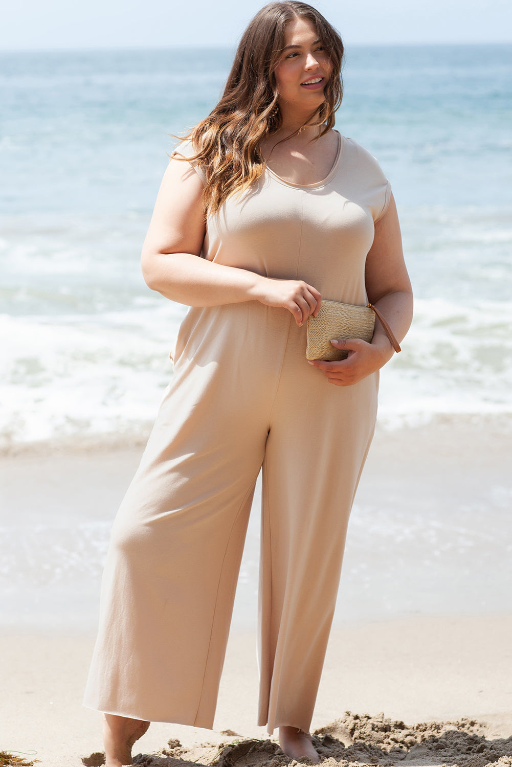 Light French Beige Cap Sleeve Round Neck Curvy Wide Leg Jumpsuit