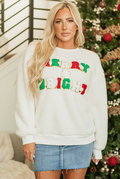 White Christmas MERRY & Bright Chenille Graphic Sherpa Sweatshirt