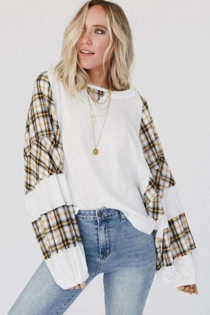 Green Plaid Patch Waffle Knit Exposed Seam Bubble Sleeve Top