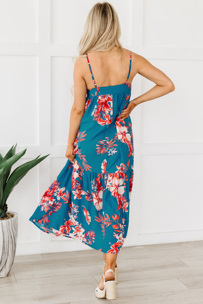 Sky Blue Strappy Open Back Floral Maxi Dress