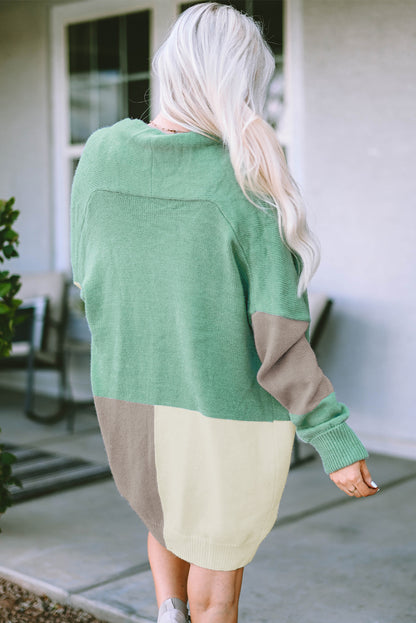 Green Colorblock Draped Open Front Chunky Cardigan