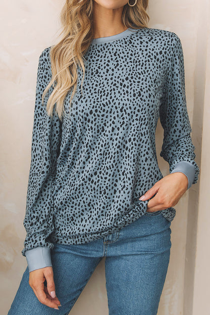 Gray Animal Spotted Print Round Neck Long Sleeve Top