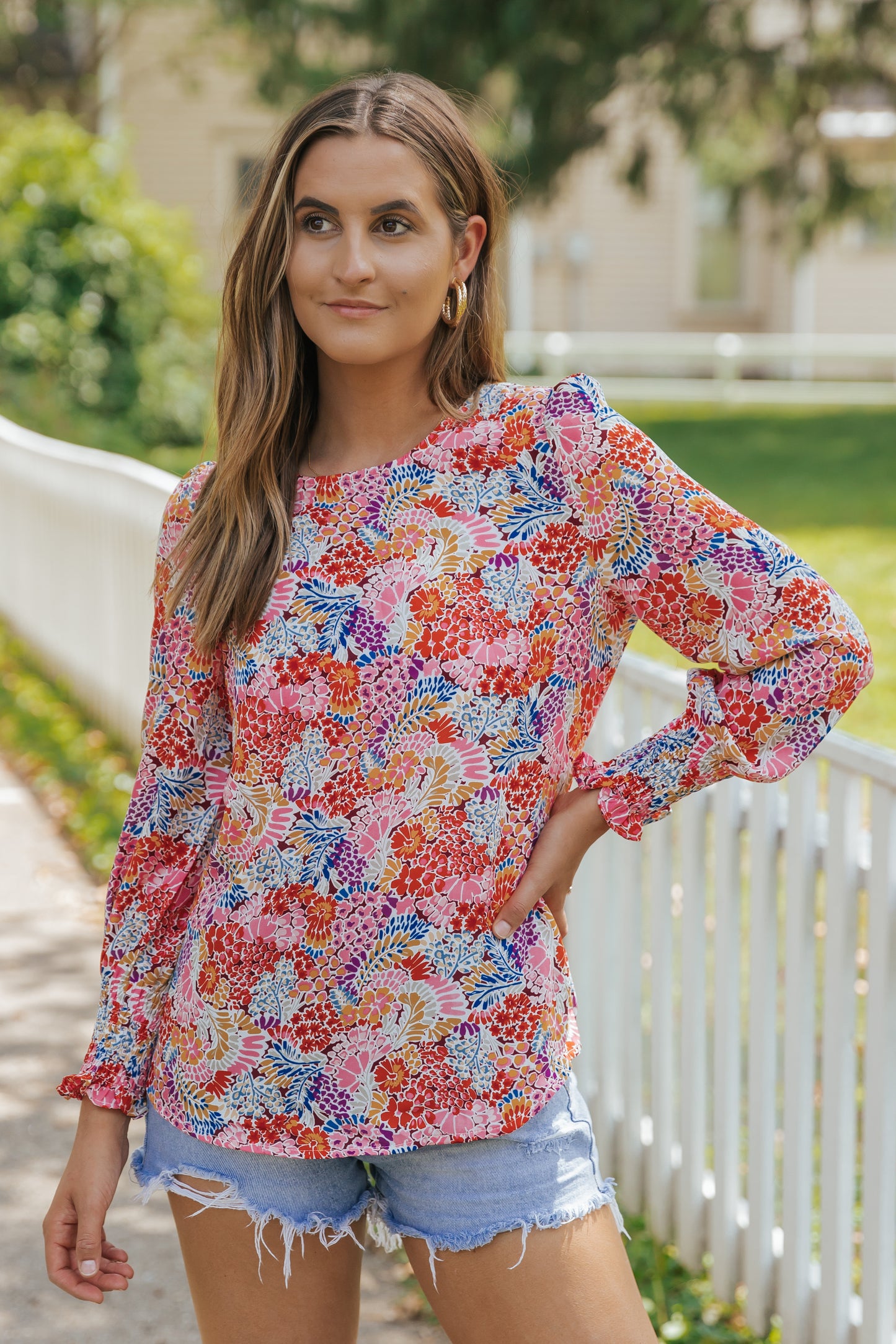 Multicolor Plus Size Floral Print Puff Sleeve Blouse