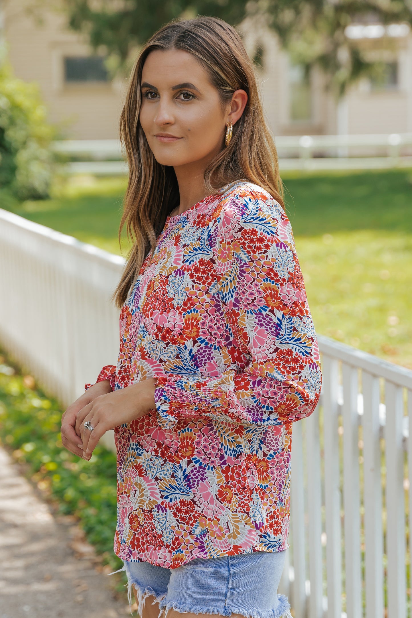 Multicolor Plus Size Floral Print Puff Sleeve Blouse