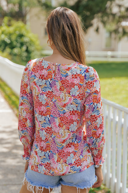 Multicolor Plus Size Floral Print Puff Sleeve Blouse