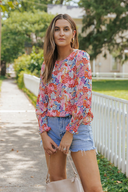 Multicolor Plus Size Floral Print Puff Sleeve Blouse