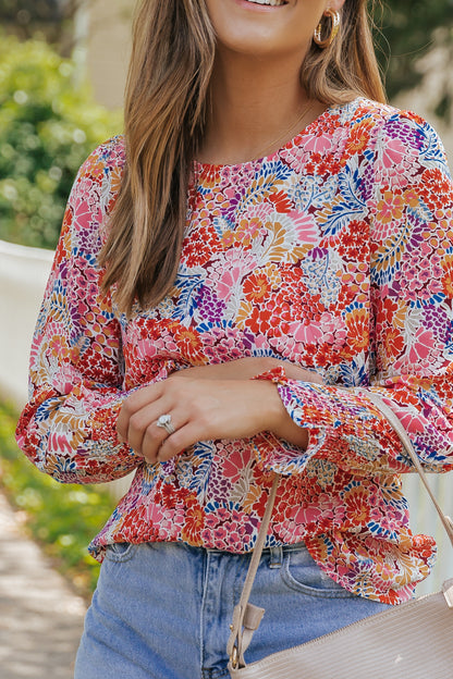 Multicolor Plus Size Floral Print Puff Sleeve Blouse