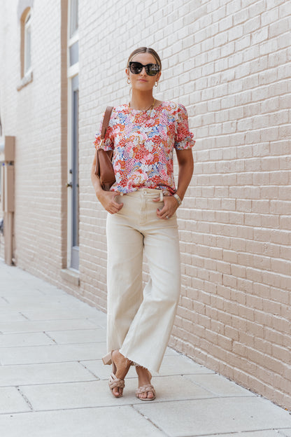 Multicolor Mix Floral Pattern Bubble Sleeve Blouse