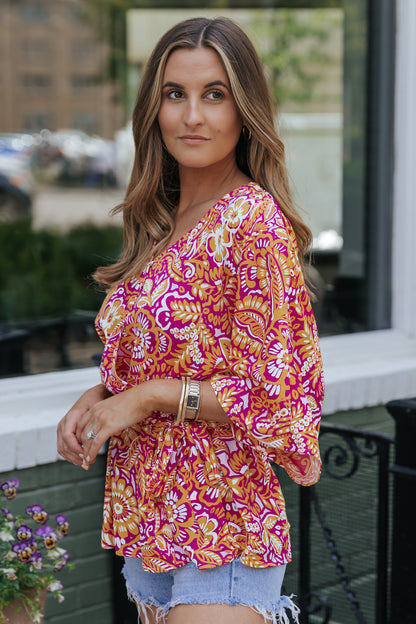 Boho Floral Print Belted Surplice Blouse