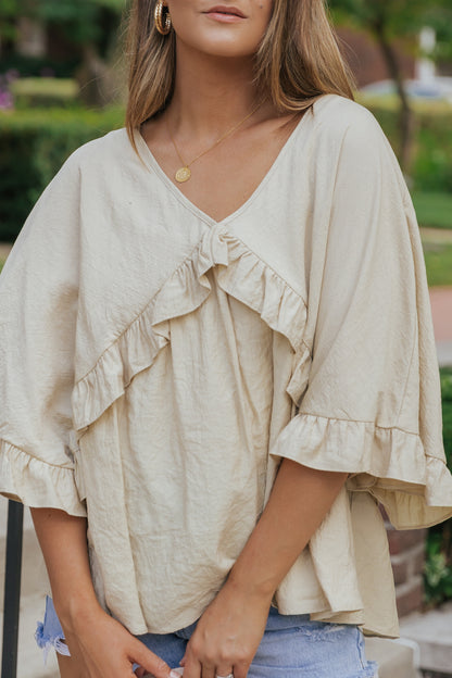 V Neck Draped Batwing Sleeve Ruffle Top