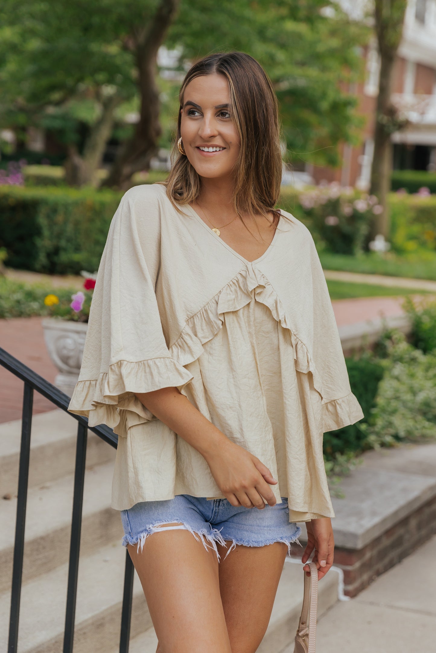 V Neck Draped Batwing Sleeve Ruffle Top