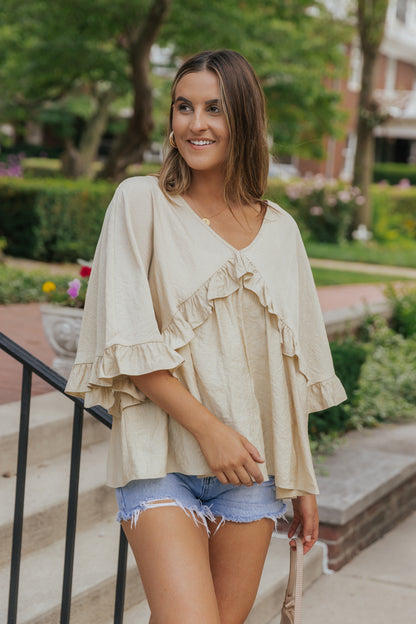 V Neck Draped Batwing Sleeve Ruffle Top