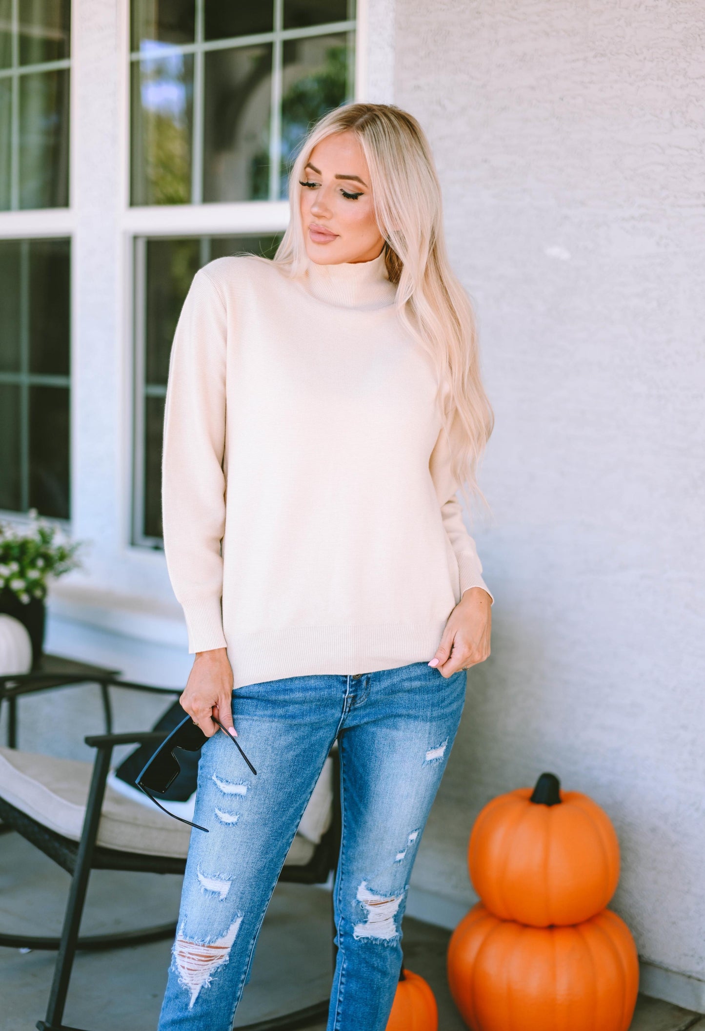 Khaki Ribbed Knit High Neck Long Sleeve Top