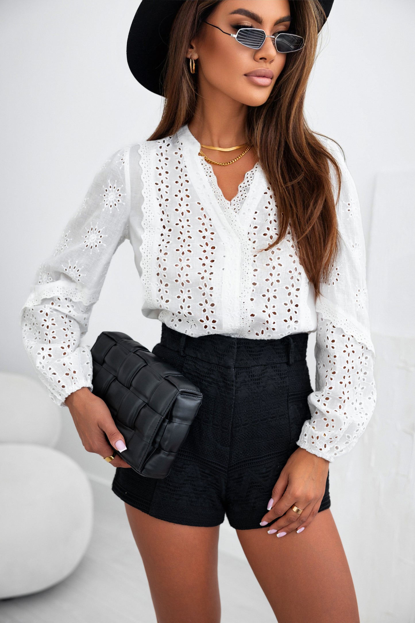 White Eyelet Lace Puff Sleeve Split Neck Blouse