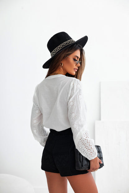 White Eyelet Lace Puff Sleeve Split Neck Blouse