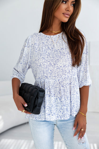 White Retro Floral Printed 3/4 Puff Sleeve Blouse