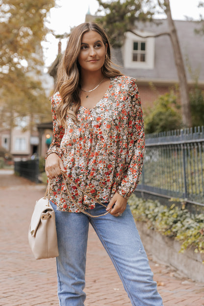 Khaki V Neck Ruffled Babydoll Floral Blouse