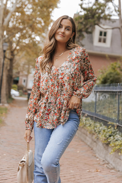 Khaki V Neck Ruffled Babydoll Floral Blouse