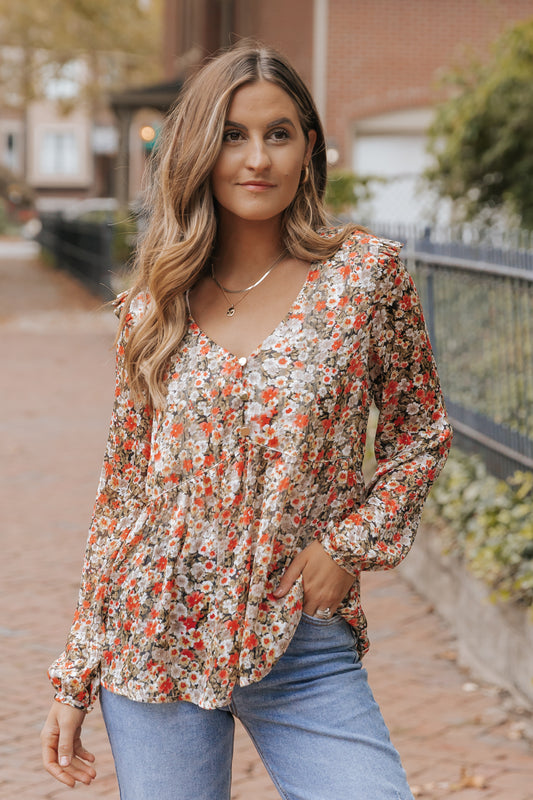 Khaki V Neck Ruffled Babydoll Floral Blouse