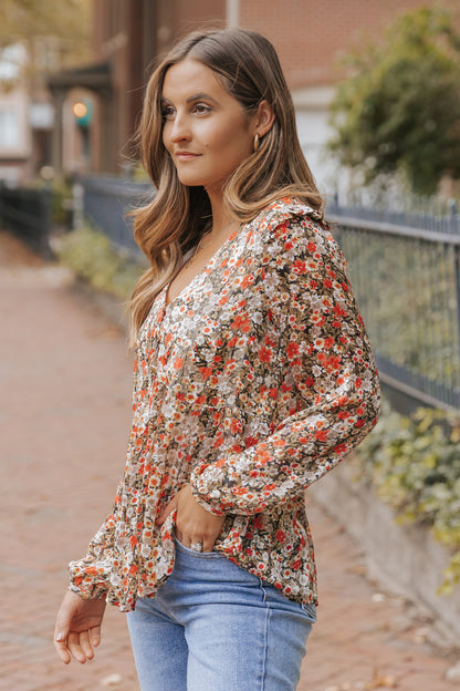 Khaki V Neck Ruffled Babydoll Floral Blouse