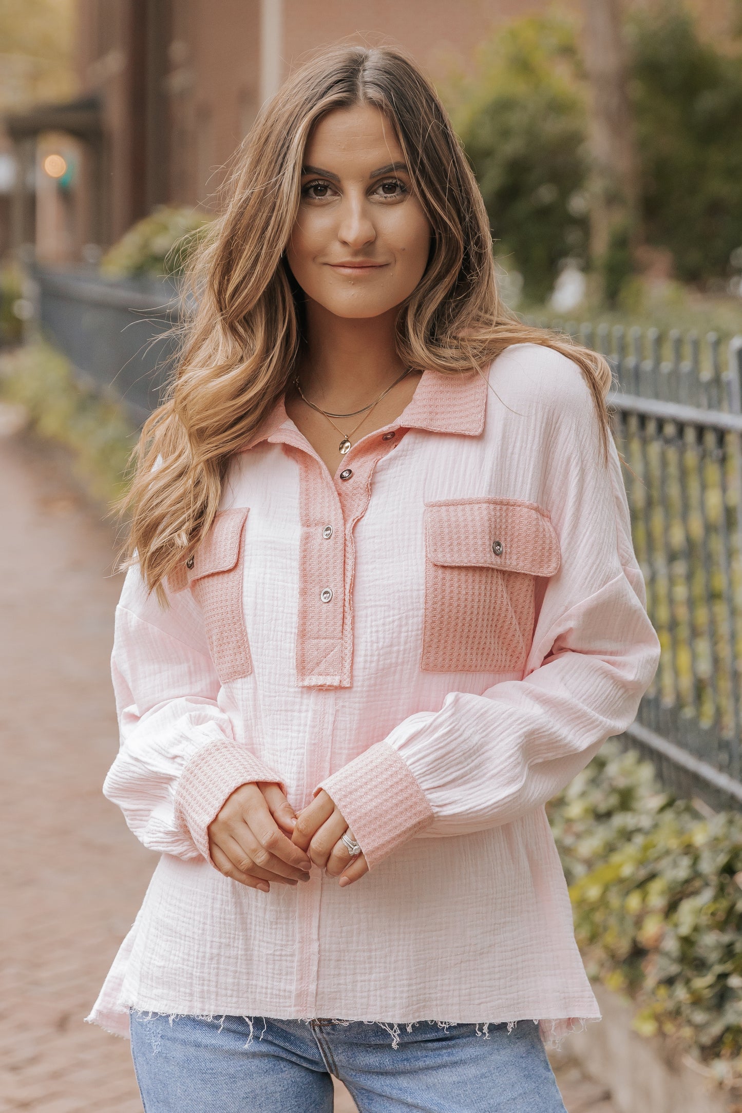 Pink Long Sleeve Flap Pocket Henley Top