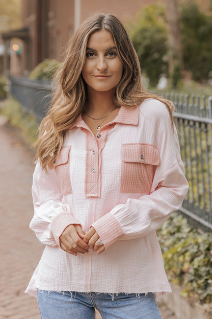 Pink Long Sleeve Flap Pocket Henley Top