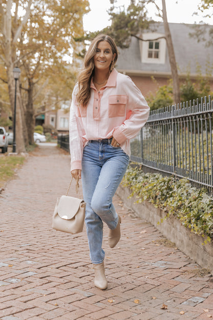 Pink Long Sleeve Flap Pocket Henley Top